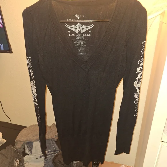 Affliction Black Rhinestone V Neck Sweater - Picture 1 of 5